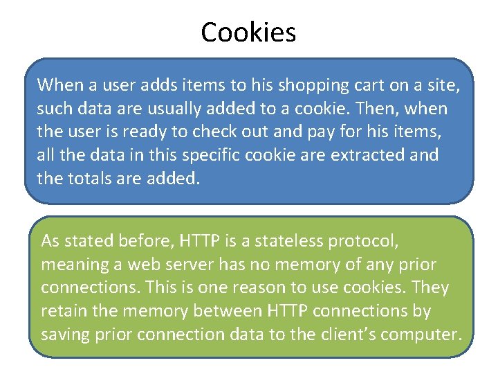 Cookies When a user adds items to his shopping cart on a site, such