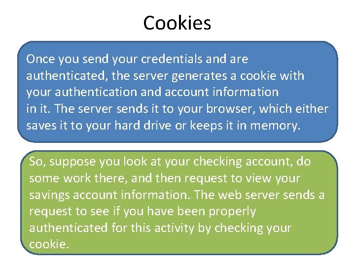 Cookies Once you send your credentials and are authenticated, the server generates a cookie