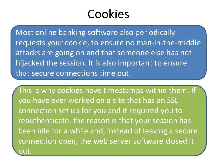 Cookies Most online banking software also periodically requests your cookie, to ensure no man-in-the-middle