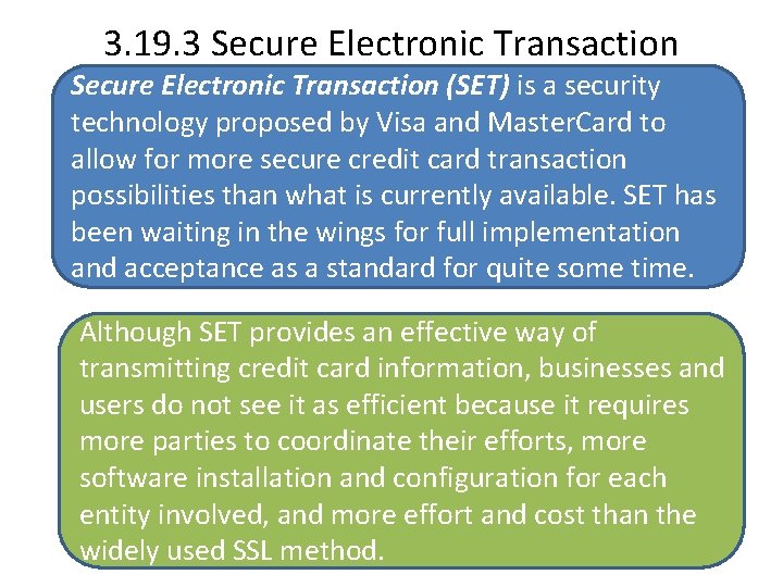 3. 19. 3 Secure Electronic Transaction (SET) is a security technology proposed by Visa