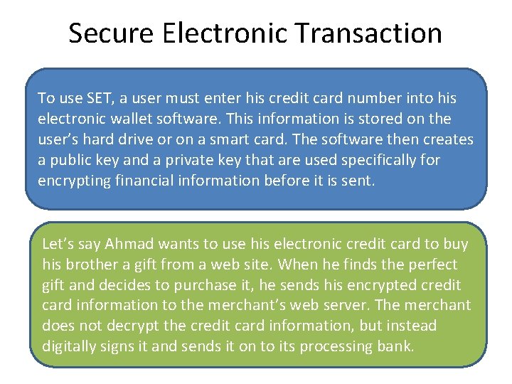 Secure Electronic Transaction To use SET, a user must enter his credit card number