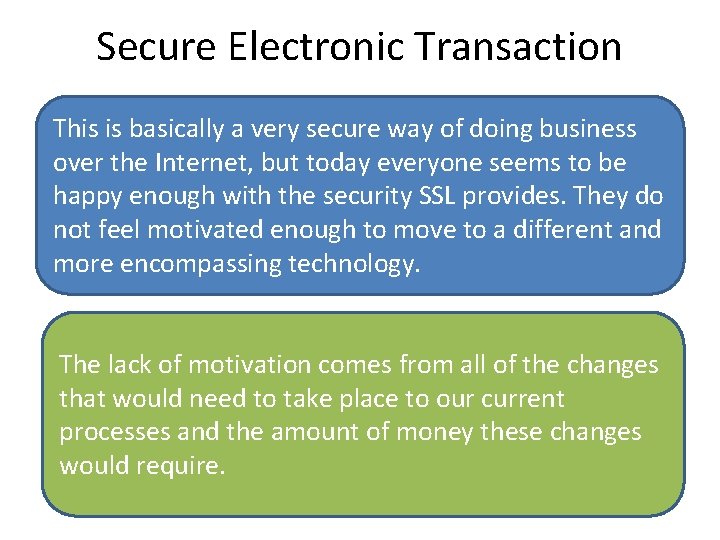 Secure Electronic Transaction This is basically a very secure way of doing business over