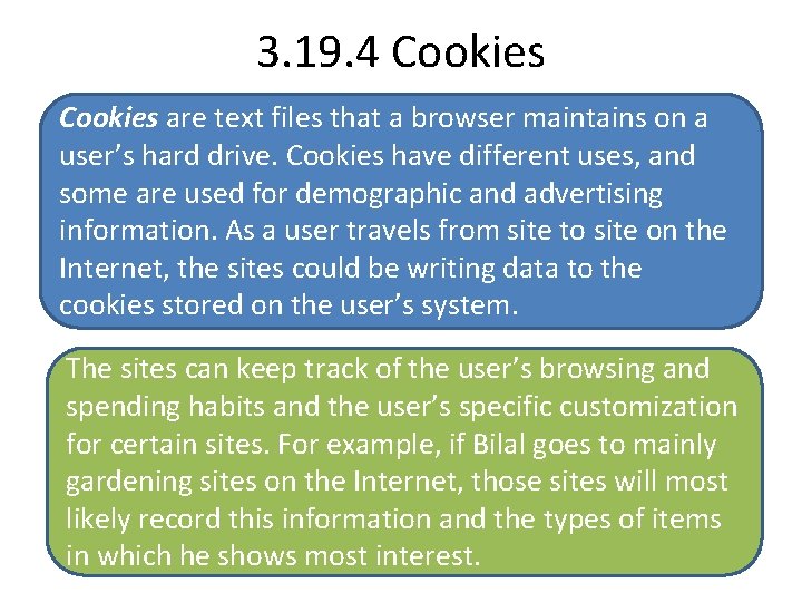 3. 19. 4 Cookies are text files that a browser maintains on a user’s
