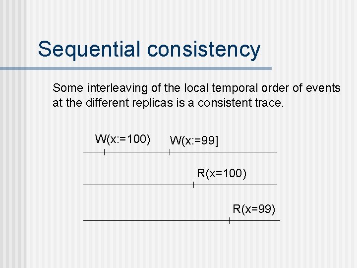 Sequential consistency Some interleaving of the local temporal order of events at the different