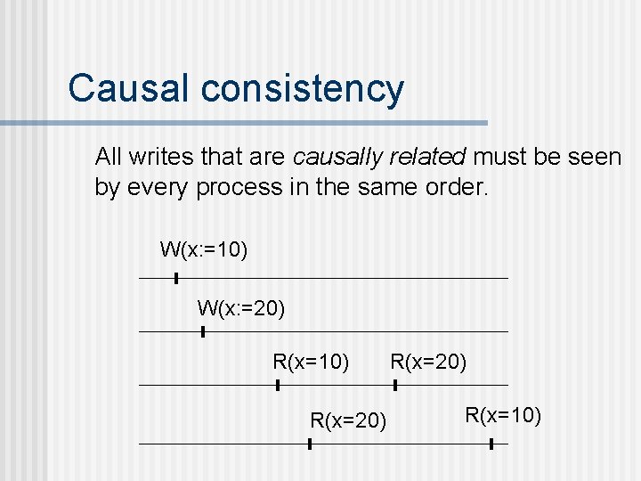 Causal consistency All writes that are causally related must be seen by every process