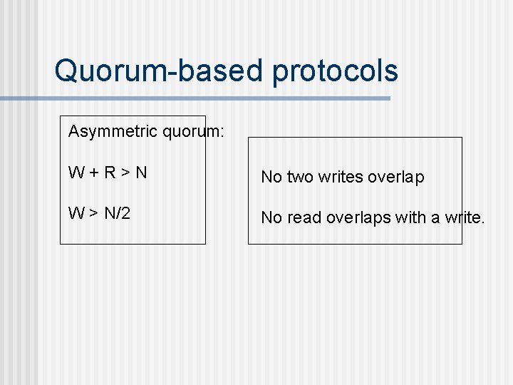 Quorum-based protocols Asymmetric quorum: W+R>N No two writes overlap W > N/2 No read