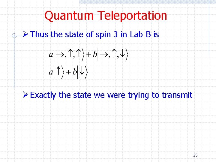Quantum Teleportation Ø Thus the state of spin 3 in Lab B is Ø