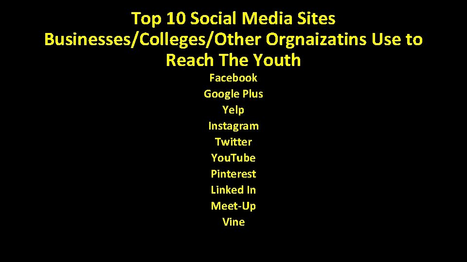 Top 10 Social Media Sites Businesses/Colleges/Other Orgnaizatins Use to Reach The Youth Facebook Google