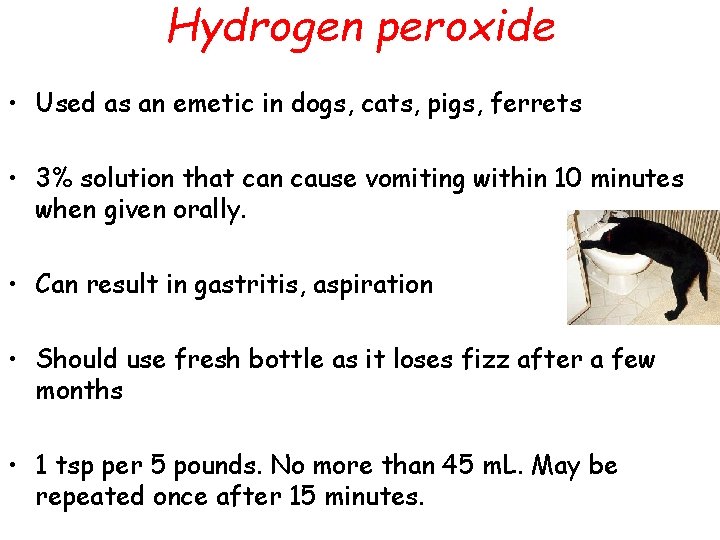 Hydrogen peroxide • Used as an emetic in dogs, cats, pigs, ferrets • 3%
