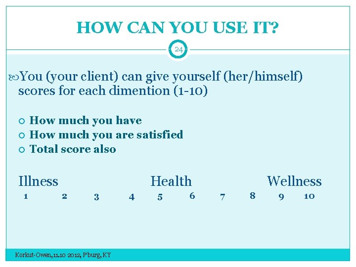 HOW CAN YOU USE IT? 24 You (your client) can give yourself (her/himself) scores