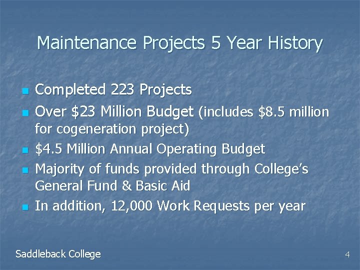Maintenance Projects 5 Year History n n n Completed 223 Projects Over $23 Million
