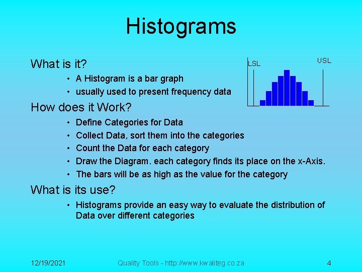 Histograms What is it? LSL USL • A Histogram is a bar graph •