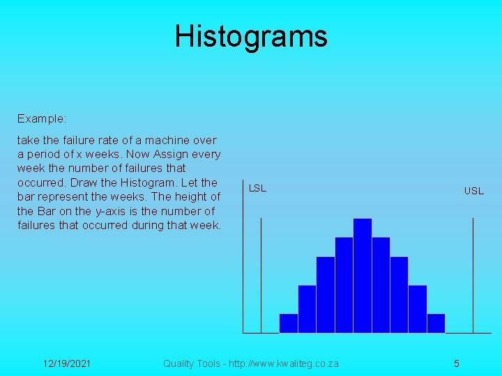 Histograms Example: take the failure rate of a machine over a period of x