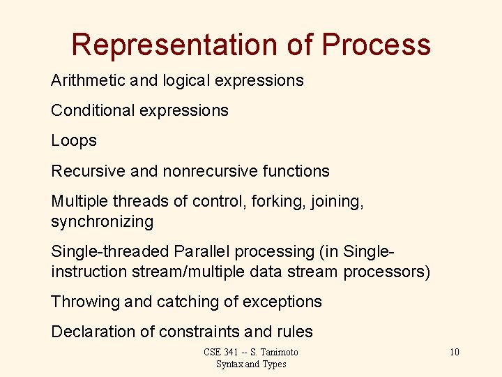 Representation of Process Arithmetic and logical expressions Conditional expressions Loops Recursive and nonrecursive functions