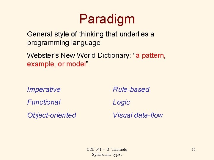 Paradigm General style of thinking that underlies a programming language Webster’s New World Dictionary: