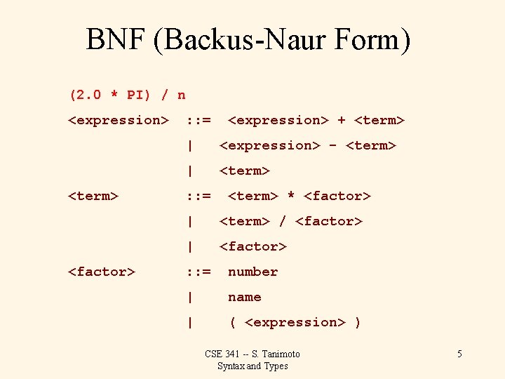 BNF (Backus-Naur Form) (2. 0 * PI) / n <expression> <term> <factor> : :