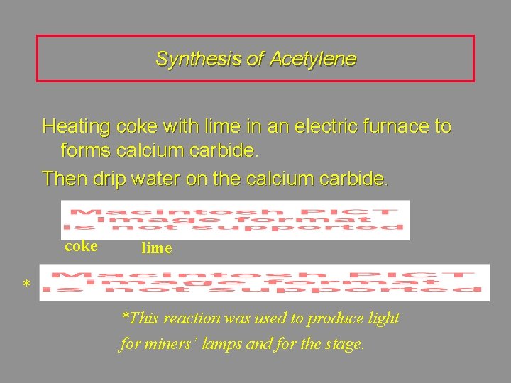 Synthesis of Acetylene Heating coke with lime in an electric furnace to forms calcium