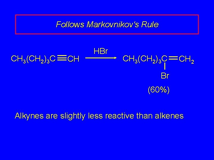 Follows Markovnikov's Rule CH 3(CH 2)3 C CH HBr CH 3(CH 2)3 C CH