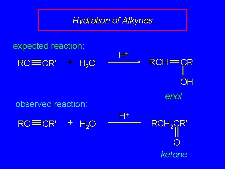 Hydration of Alkynes expected reaction: RC CR' + H 2 O H+ RCH CR'