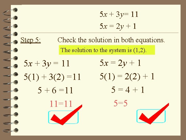 5 x + 3 y= 11 5 x = 2 y + 1 Step