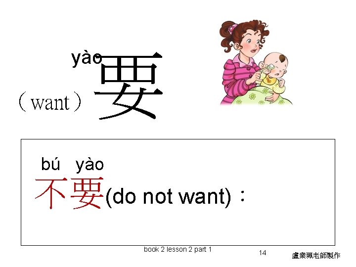 yào 要 （want） bú yào 不要(do not want)： book 2 lesson 2 part 1