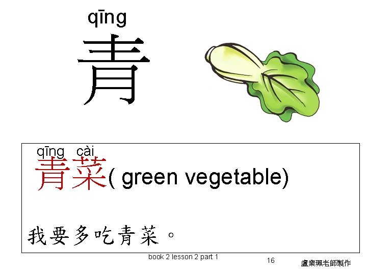 qīng 青 qīng cài 青菜( green vegetable) 我要多吃青菜。 book 2 lesson 2 part 1
