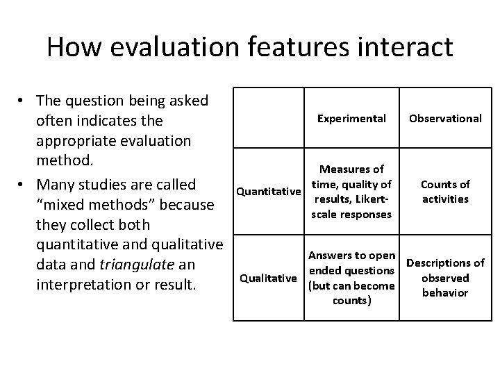 How evaluation features interact • The question being asked often indicates the appropriate evaluation