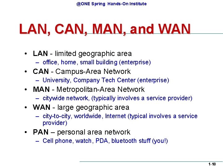 @ONE Spring Hands-On Institute LAN, CAN, MAN, and WAN • LAN - limited geographic @ONE Spring Hands-On Institute LAN, CAN, MAN, and WAN • LAN - limited geographic
