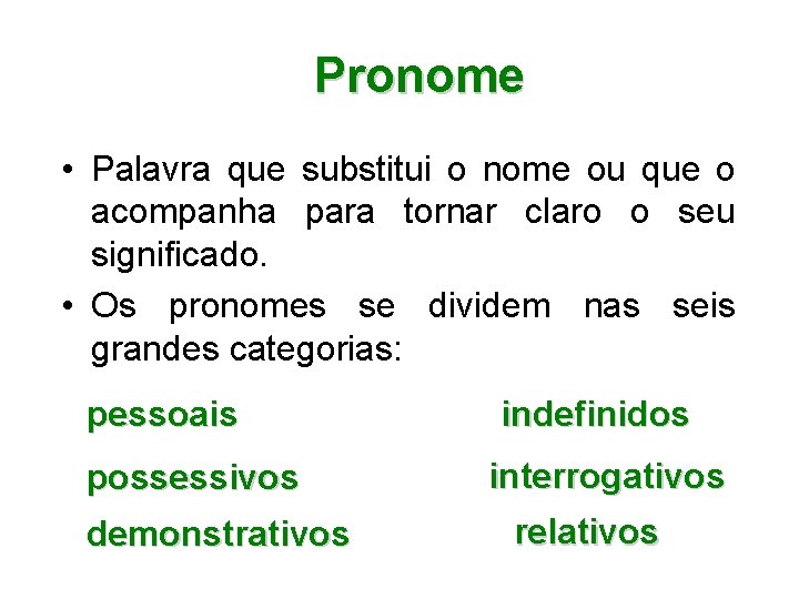 Pronome • Palavra que substitui o nome ou que o acompanha para tornar claro