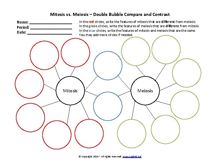 Mitosis vs. Meiosis – Double Bubble Compare and Contrast Name: Period: Date: In the