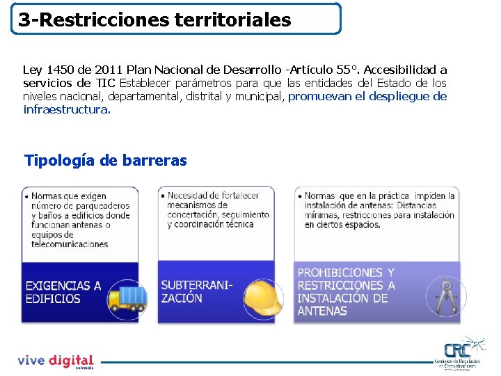 3 -Restricciones territoriales Ley 1450 de 2011 Plan Nacional de Desarrollo -Artículo 55°. Accesibilidad