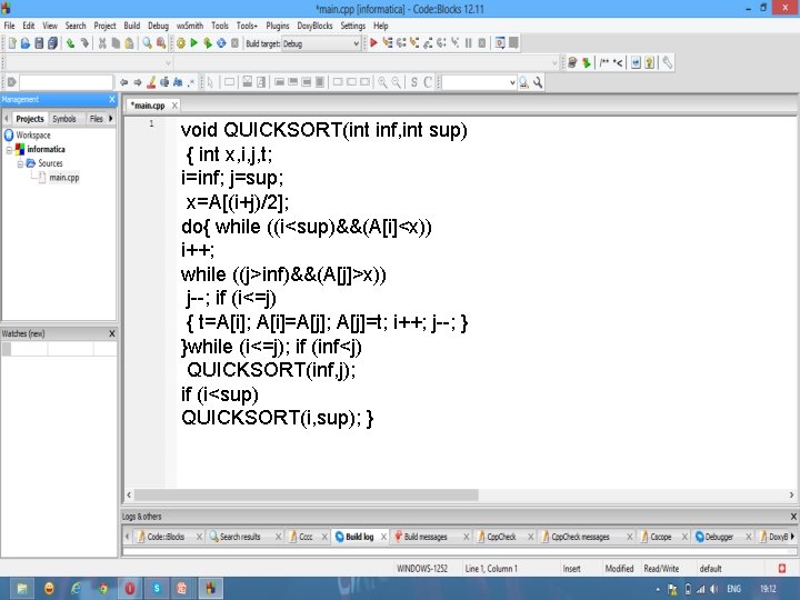 void QUICKSORT(int inf, int sup) { int x, i, j, t; i=inf; j=sup; x=A[(i+j)/2];