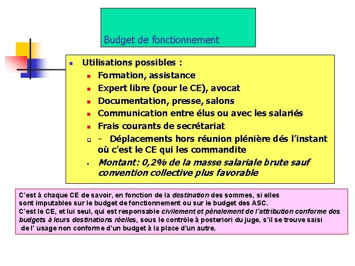 Budget de fonctionnement n Utilisations possibles : n Formation, assistance n Expert libre (pour