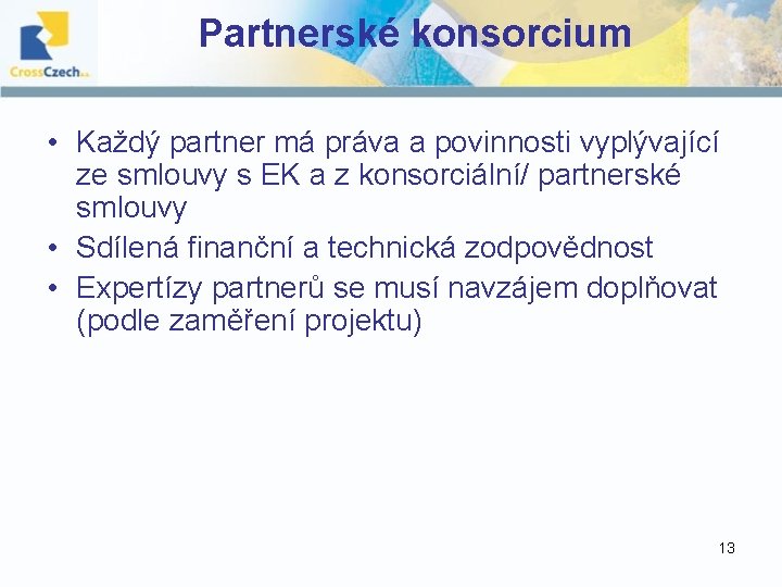 Partnerské konsorcium • Každý partner má práva a povinnosti vyplývající ze smlouvy s EK