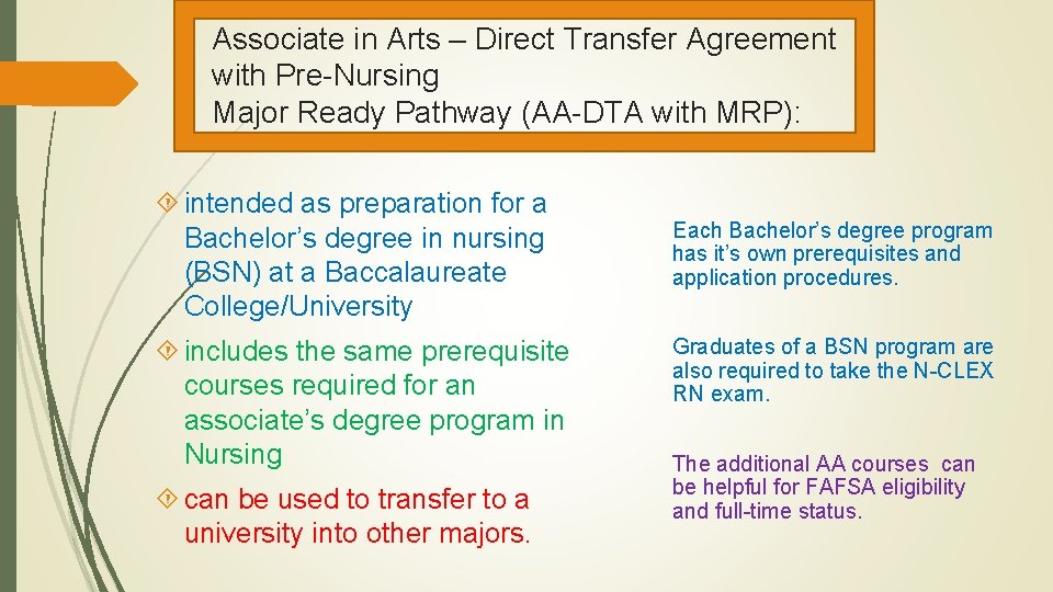 Associate in Arts – Direct Transfer Agreement with Pre-Nursing Major Ready Pathway (AA-DTA with