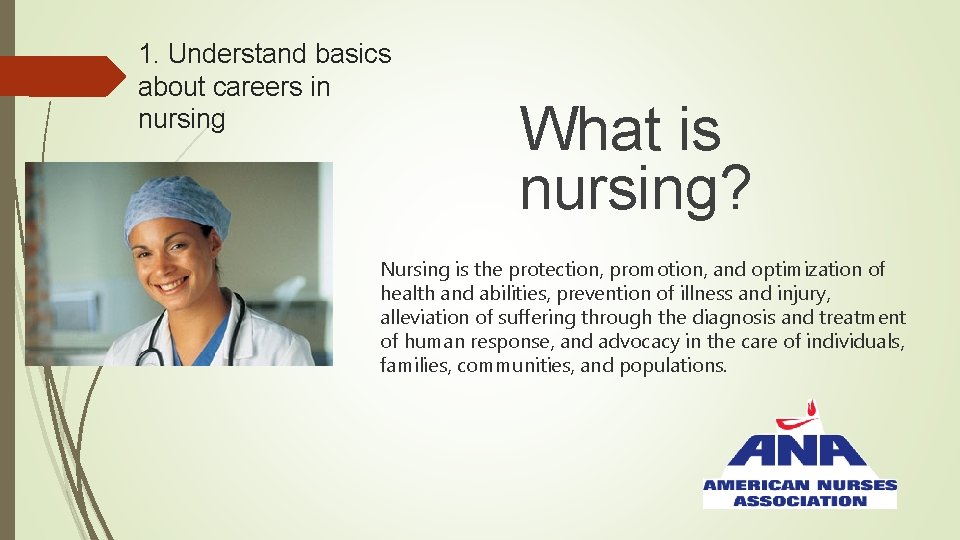 1. Understand basics about careers in nursing What is nursing? Nursing is the protection,