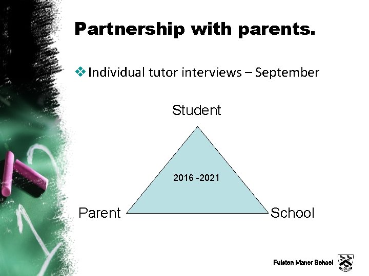 Partnership with parents. v Individual tutor interviews – September Student 2016 -2021 Parent School