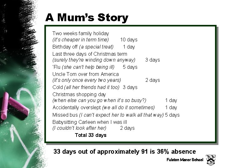 A Mum’s Story Two weeks family holiday (it’s cheaper in term time) 10 days