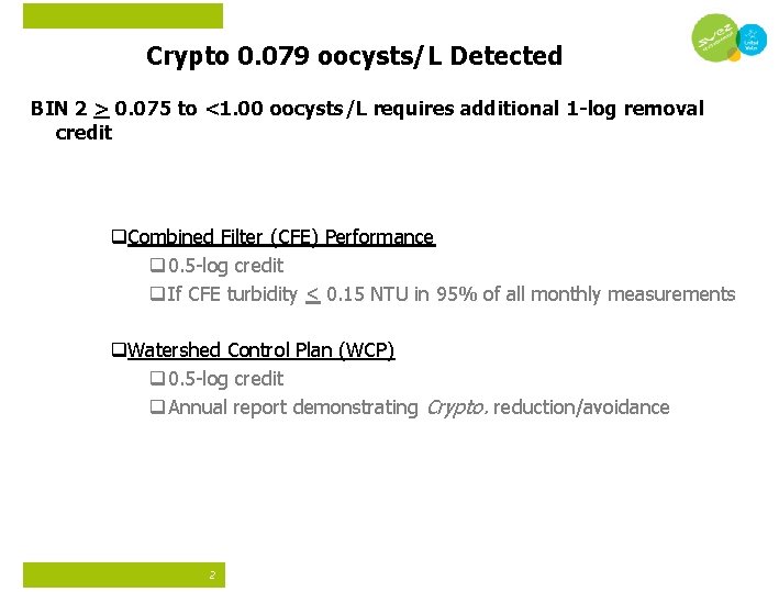 Crypto 0. 079 oocysts/L Detected BIN 2 > 0. 075 to <1. 00 oocysts/L