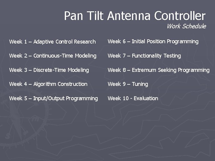 Pan Tilt Antenna Controller Work Schedule Week 1 – Adaptive Control Research Week 6 Pan Tilt Antenna Controller Work Schedule Week 1 – Adaptive Control Research Week 6