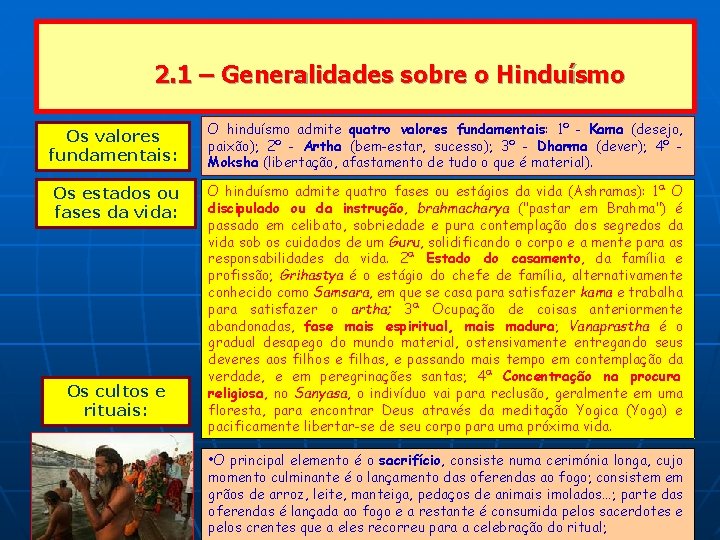 2. 1 – Generalidades sobre o Hinduísmo Os valores fundamentais: Os estados ou fases