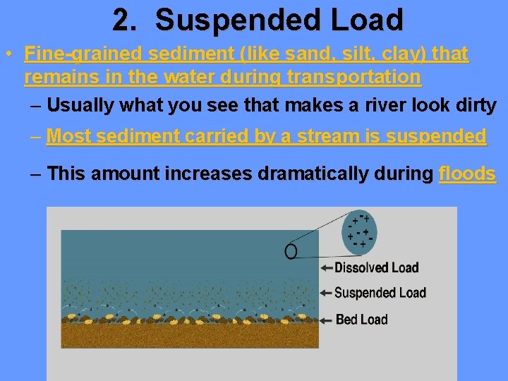 2. Suspended Load • Fine-grained sediment (like sand, silt, clay) that remains in the