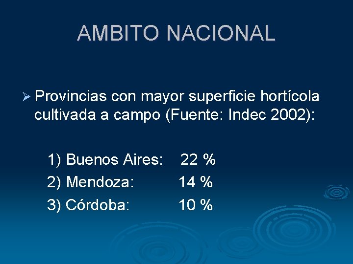 AMBITO NACIONAL Ø Provincias con mayor superficie hortícola cultivada a campo (Fuente: Indec 2002):