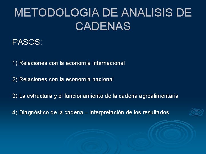 METODOLOGIA DE ANALISIS DE CADENAS PASOS: 1) Relaciones con la economía internacional 2) Relaciones