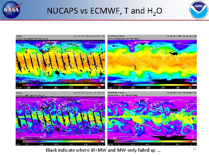 NUCAPS vs ECMWF, T and H 2 O Black indicate where IR+MW and MW-only