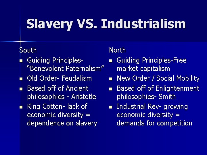 Slavery VS. Industrialism South North n Guiding Principles-Free “Benevolent Paternalism” market capitalism n Old Slavery VS. Industrialism South North n Guiding Principles-Free “Benevolent Paternalism” market capitalism n Old