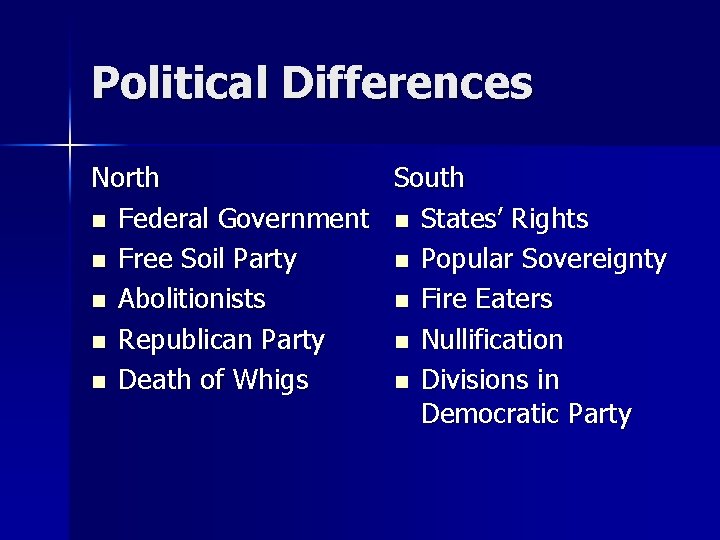 Political Differences North South n Federal Government n States’ Rights n Free Soil Party Political Differences North South n Federal Government n States’ Rights n Free Soil Party