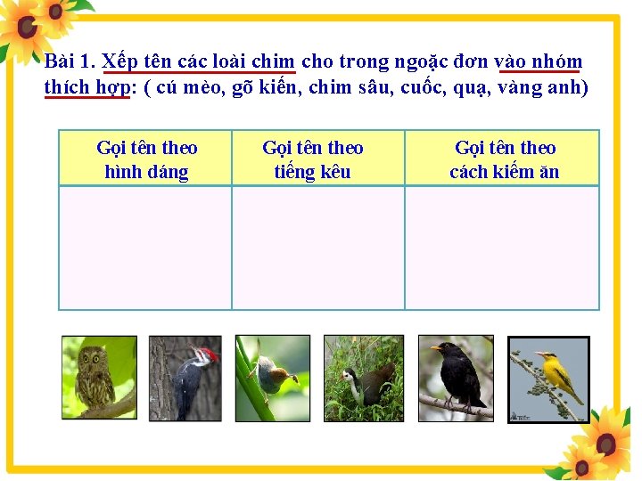Bài 1. Xếp tên các loài chim cho trong ngoặc đơn vào nhóm thích