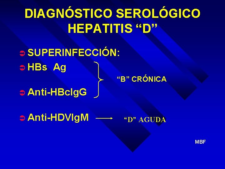 DIAGNÓSTICO SEROLÓGICO HEPATITIS “D” Ü SUPERINFECCIÓN: Ü HBs Ag “B” CRÓNICA Ü Anti-HBc. Ig.