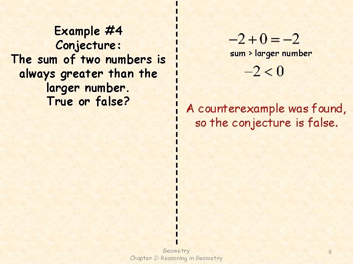 Example #4 Conjecture: The sum of two numbers is always greater than the larger